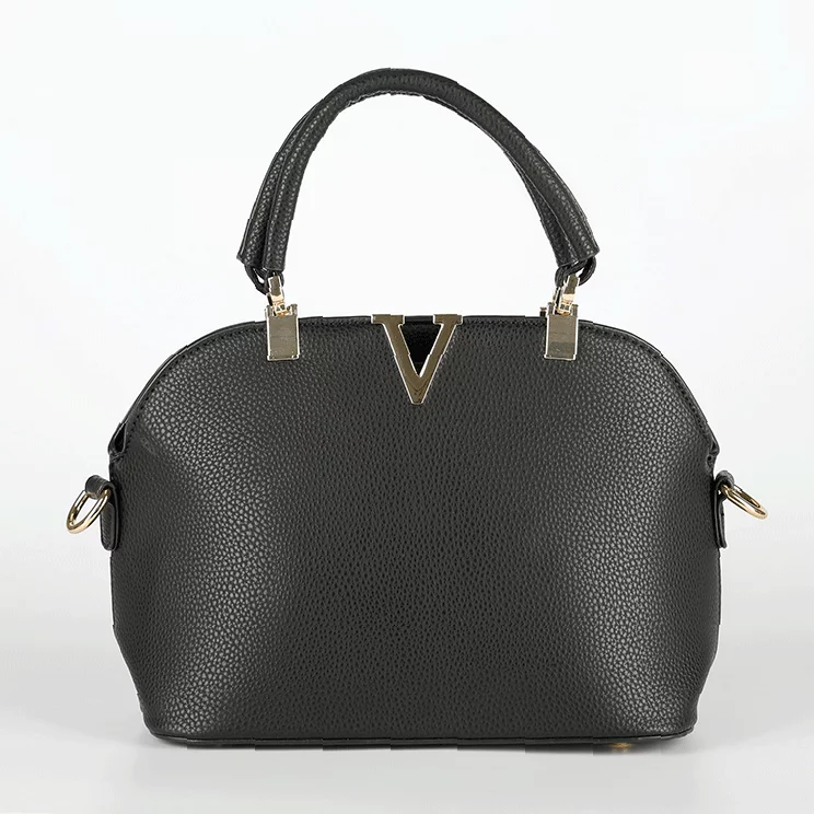 Black Artificial Leather Handbag with Letter V Decoration